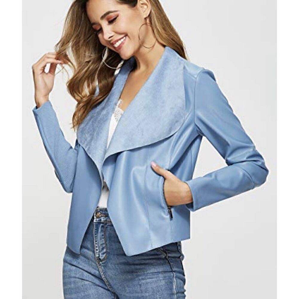 With the Girls Aves Les Filles Women Medium Blue Faux Leather Jacket Open Front